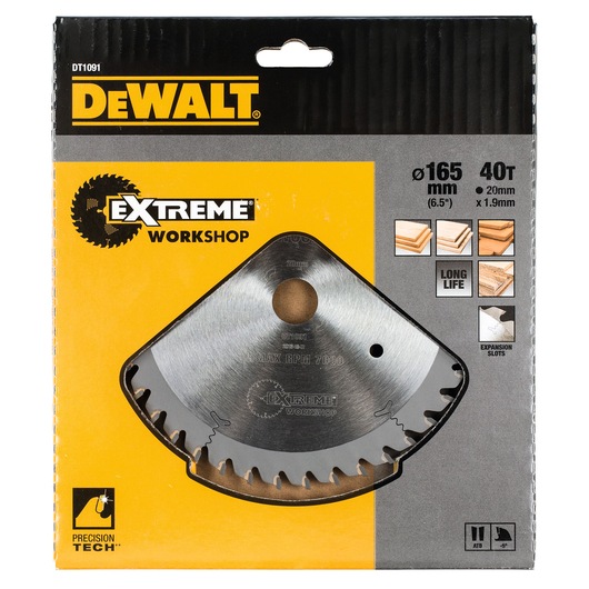 DEWALT DT1091 Extreme Workshop saw blade in packaging, 165mm diameter, 40 teeth, for wood cutting.