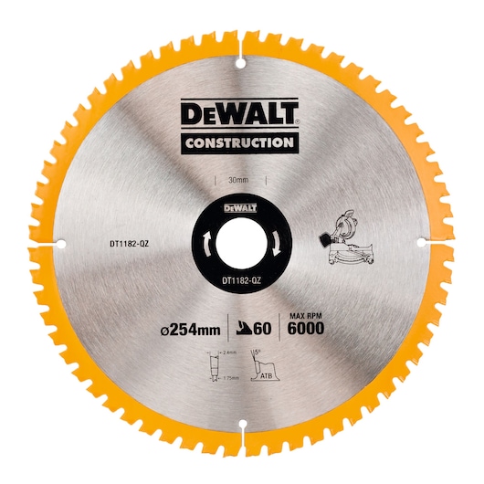 DEWALT DT1182 circular saw blade with yellow edges, 254mm diameter, 60 teeth, 6000 max RPM.