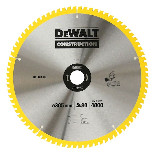 DEWALT DT1184 circular saw blade for construction, 305mm diameter, 80 teeth, yellow edge.