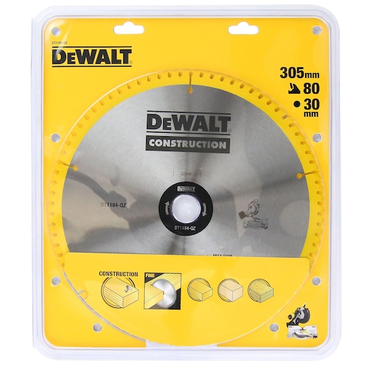 DEWALT DT1184 305mm saw blade for construction, in yellow packaging with product details.