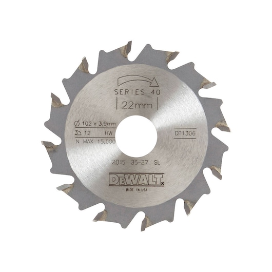 DEWALT DT1306 circular saw blade, Series 40, 22mm center, 12 teeth, HW, for professional woodworking use.