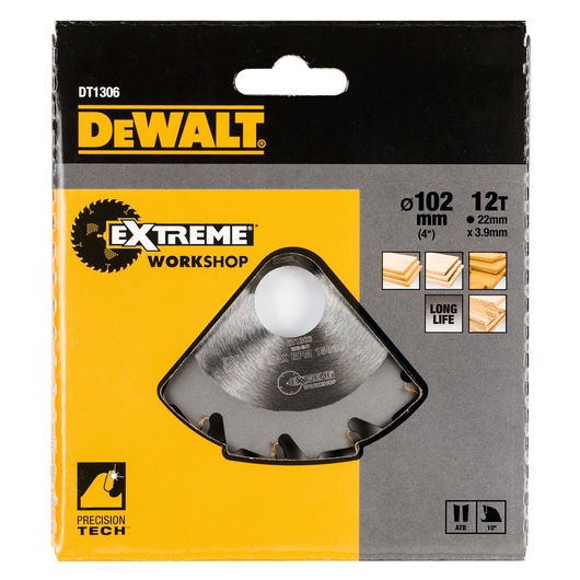 DEWALT DT1306 102mm 12T Extreme Workshop saw blade in yellow and black packaging.