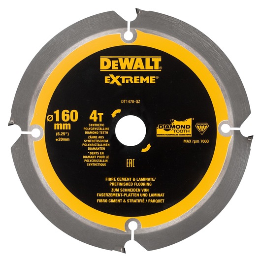 DEWALT DT1470 circular saw blade for cutting fibre cement and laminate, 160mm diameter, 4 diamond teeth.