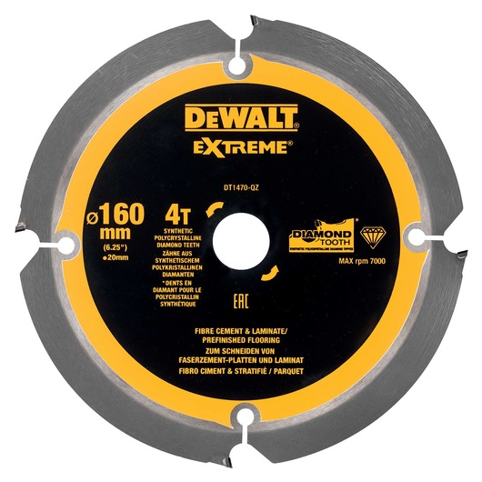 DEWALT DT1470 Extreme 160mm saw blade for cutting fibre cement, laminate, and flooring with diamond teeth.