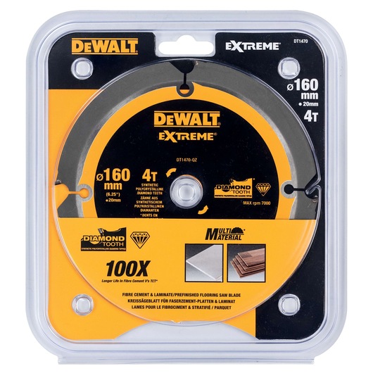 A DEWALT Extreme DT1470 circular saw blade for multi-material use, shown in retail packaging. The blade is 160mm in diameter with 4 synthetic polycrystalline diamond teeth, suitable for cutting fibre cement, laminate, and prefinished flooring. The packaging highlights features such as diamond tooth technology and longer blade life.