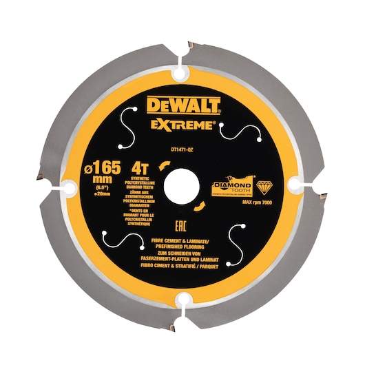 DEWALT EXTREME circular saw blade, model DT1471, with a diameter of 165 mm and 4 synthetic polycrystalline diamond teeth, designed for cutting fibre cement and laminate. The blade is black and yellow with printed specifications.