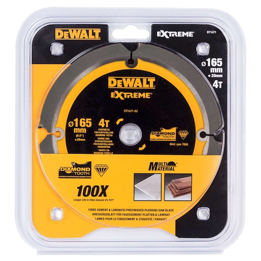 DEWALT Extreme DT1471 165mm saw blade for fibre cement and laminate, diamond tooth, in retail packaging.