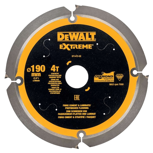 DEWALT Extreme 190mm saw blade for fibre cement and laminate, 4 synthetic diamond teeth, DT1472.