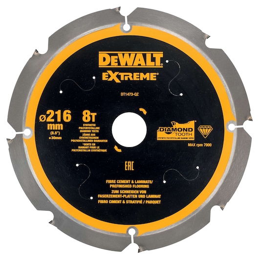 DEWALT Extreme DT1473 216mm diamond saw blade for cutting fiber cement, laminate, and flooring.