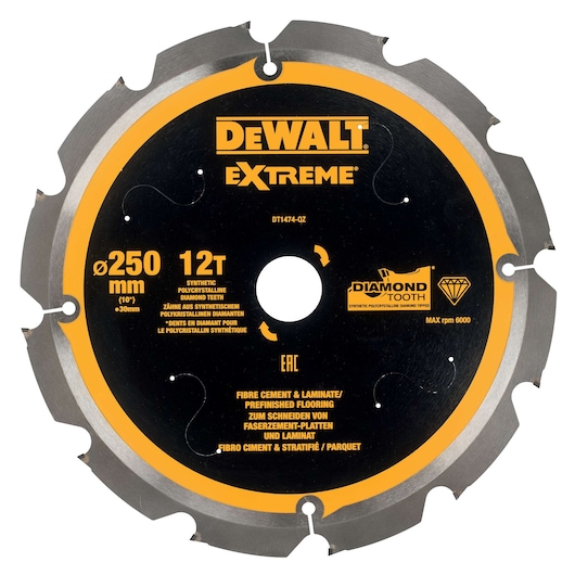 DEWALT Extreme DT1474 250mm saw blade with 12 diamond teeth for cutting fibre cement and laminate.