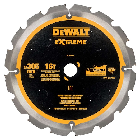 DEWALT DT1475 Extreme 305mm circular saw blade for cutting fibre cement and laminate flooring.