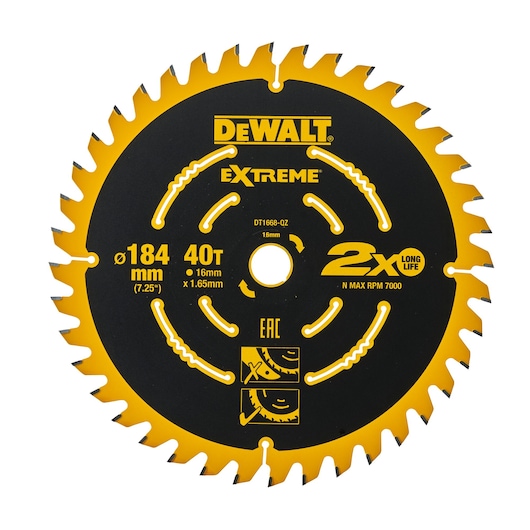 DEWALT DT1668 Extreme saw blade, 184mm diameter, 40 teeth, black and yellow design, product markings visible.