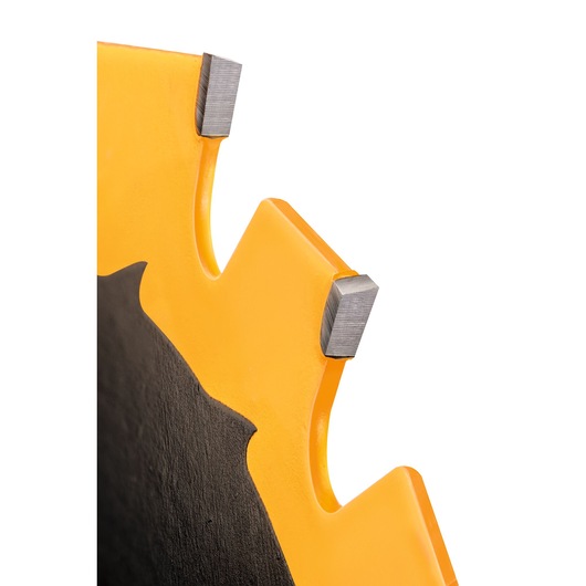 Close-up of a yellow and black DEWALT saw blade edge with metal teeth visible.