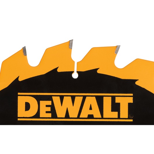 Closeup of a DEWALT saw blade segment with sharp teeth and bold yellow and black branding.
