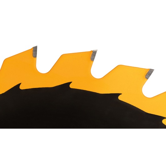 Close-up of yellow and black DEWALT saw blade teeth, showing sharp metal tips.