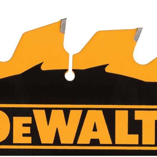 Close-up of a DEWALT saw blade with teeth and logo, featuring yellow and black colors.