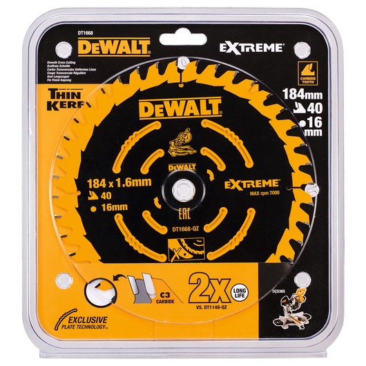 DEWALT DT1668 Extreme 184mm circular saw blade in black and yellow packaging, 40 carbide teeth, exclusive plate tech.