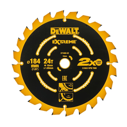 DEWALT DT1669 Extreme circular saw blade, 184mm diameter, 24 teeth, black and yellow design.