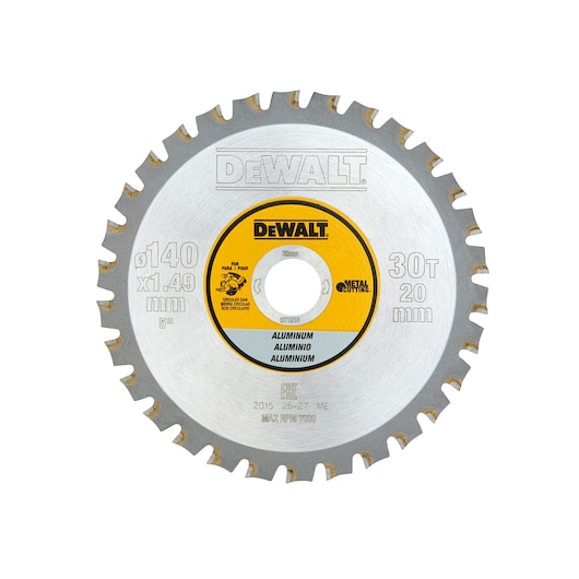 DEWALT DT1910 circular saw blade for aluminum, 140mm diameter, 30 teeth, metal cutting.