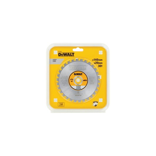 DEWALT DT1910 circular saw blade for aluminum, 140mm diameter, 30 teeth, in yellow retail packaging.