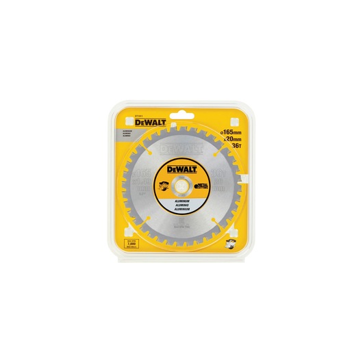 DEWALT DT1911 circular saw blade for aluminum, packaged in a yellow and clear plastic case. The blade has specifications printed on it, including 165mm diameter, 20mm bore, and 36 teeth.