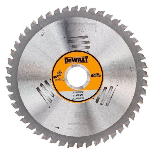 DEWALT DT1914 metal cutting circular saw blade, 216mm diameter, 48 teeth, labeled for aluminum cutting.