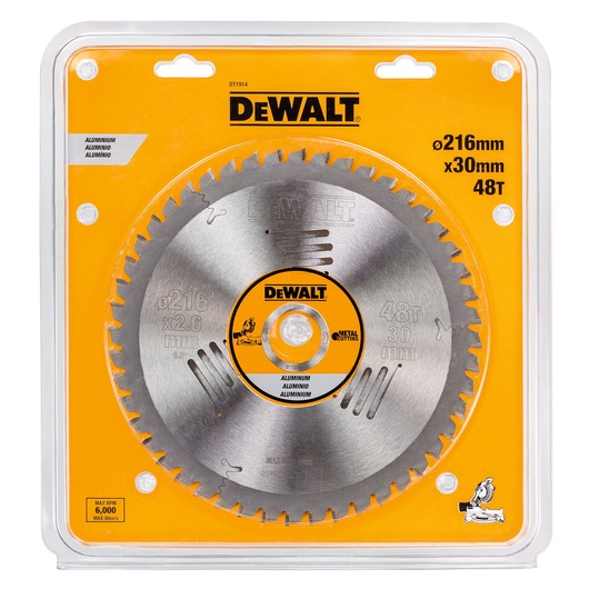 DEWALT DT1914 circular saw blade for metal, 216mm diameter, 48 teeth, packaged in yellow and clear plastic.