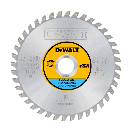 DEWALT DT1918 circular saw blade for stainless steel, 140mm diameter, 40 teeth, metal cutting.