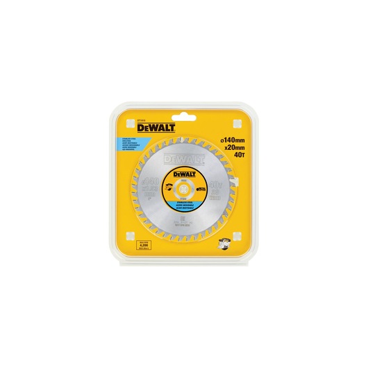 DEWALT DT1918 circular saw blade, 140mm diameter, 40 teeth, in yellow and clear packaging.