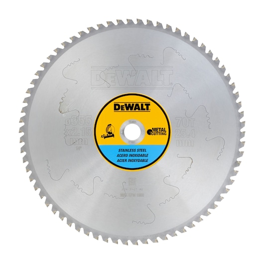 DEWALT circular saw blade for metal cutting, labeled stainless steel and 70 teeth.