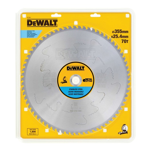 DEWALT DT1921 stainless steel saw blade, 355mm diameter, 70 teeth, packaged for metal cutting.