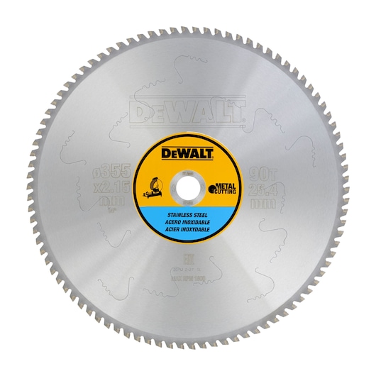 DEWALT DT1922 metal cutting circular saw blade for stainless steel, 355mm diameter.