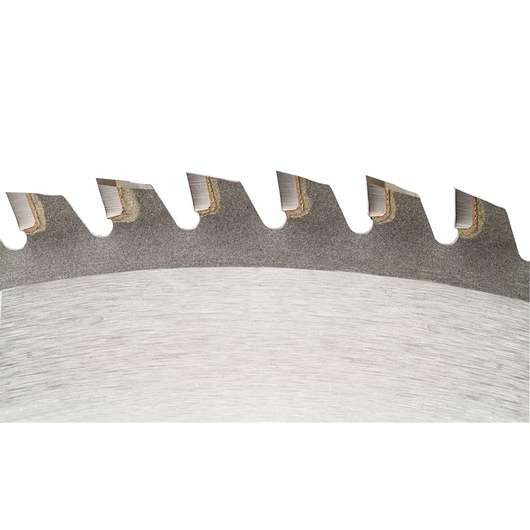 Close-up of a DEWALT DT1922 circular saw blade edge with sharp metal teeth, used for cutting materials.