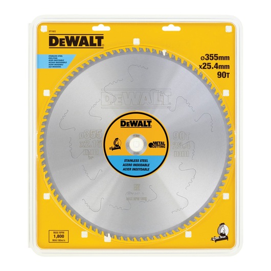 DEWALT DT1922 stainless steel metal cutting circular saw blade in yellow packaging, 355mm diameter, 90 teeth.