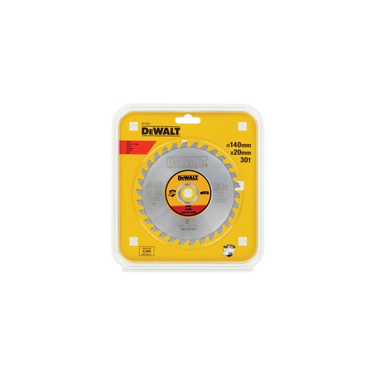 DEWALT DT1923 circular saw blade in yellow packaging, diameter 140mm, 30 teeth for woodworking.