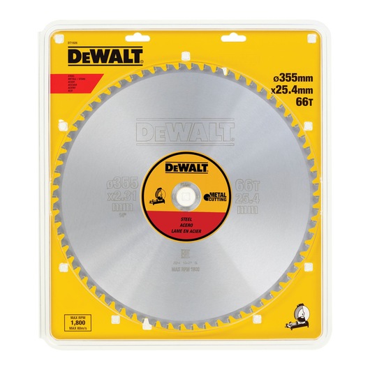 DEWALT DT1926 steel saw blade for metal cutting, 355mm diameter, 66 teeth, in yellow retail packaging.