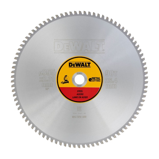 DEWALT DT1927 circular saw blade for metal cutting, 14 inch diameter, 90 teeth, steel material.