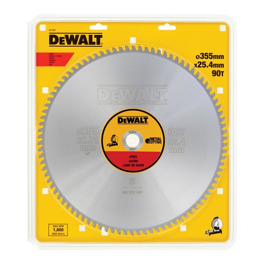 DEWALT steel cutting circular saw blade in yellow packaging, 355mm diameter, 90 teeth, model DT1927.