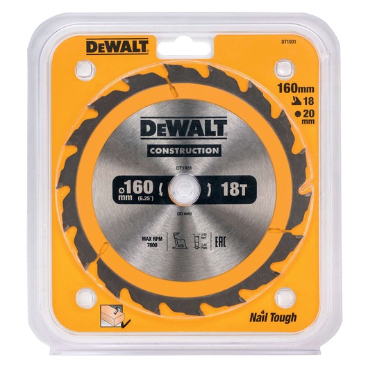 DEWALT circular saw blade for construction, model DT1931, packaged in a clear plastic case. The blade has a diameter of 160mm, 18 teeth, and a 20mm arbor size. It is designed for cutting wood and is labeled 'Nail Tough'.