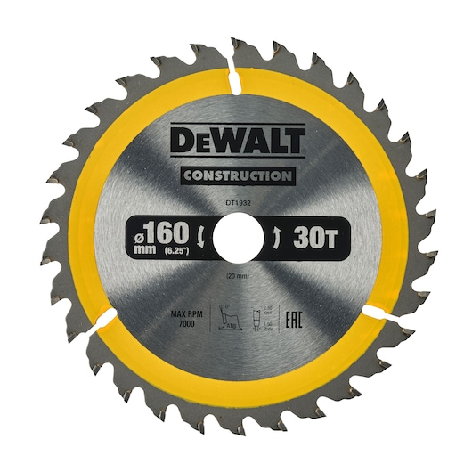 DEWALT DT1932 circular saw blade, 160 mm diameter, 30 teeth, yellow edge, for construction.
