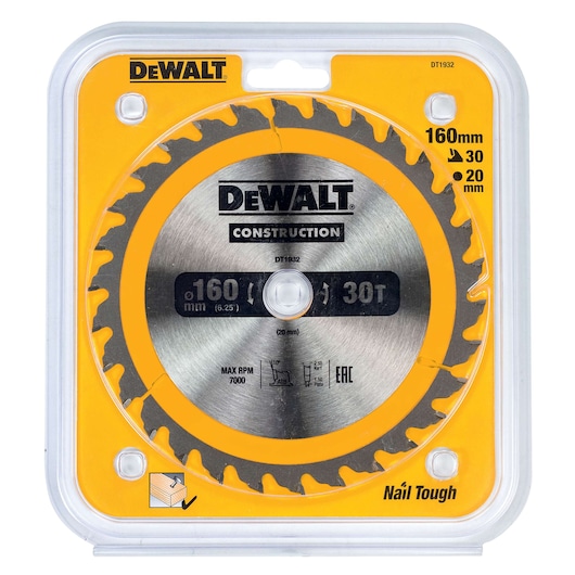 DEWALT DT1932 160mm circular saw blade for construction, 30 teeth, suitable for wood, in plastic packaging.
