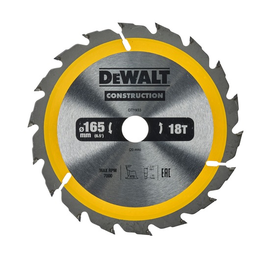 DEWALT DT1933 circular saw blade with yellow rim, 165mm diameter, 18 teeth, for construction use.