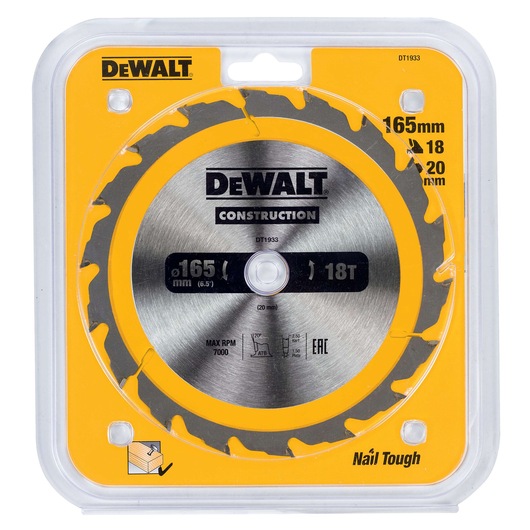 DEWALT DT1933 circular saw blade in retail packaging. The blade is labeled for construction use, with specifications of 165 mm diameter, 18 teeth, and a maximum speed of 7000 RPM. The packaging is yellow and clear, showing the blade prominently.