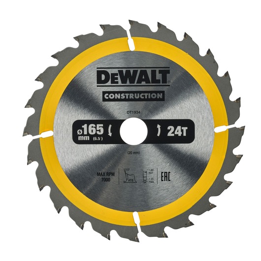 DEWALT DT1934 circular saw blade, 165 mm diameter, 24 teeth, silver and yellow color, construction label.