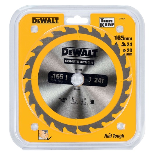 DEWALT DT1934 165mm circular saw blade in yellow packaging, 24 teeth, for construction and wood cutting.