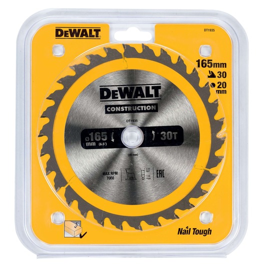 DEWALT DT1935 circular saw blade in packaging, with 165mm diameter, 30 teeth, and 20mm bore, suitable for construction use. Packaging is yellow with black and silver details.