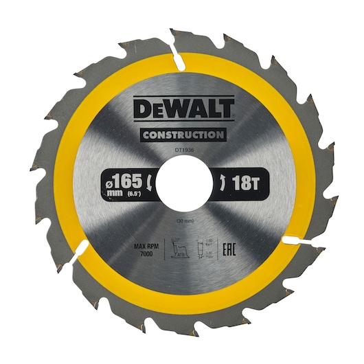 DEWALT DT1936 circular saw blade, 165mm diameter, 18 teeth, metal with yellow edge.