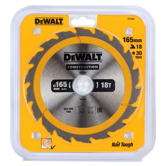 DEWALT DT1936 construction saw blade, 165mm diameter, 18 teeth, packaged in yellow plastic case.