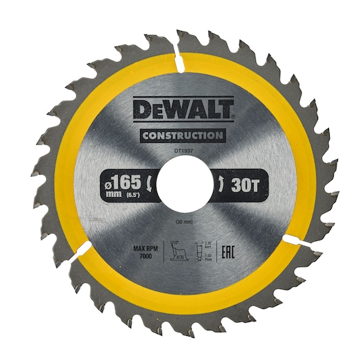 A DEWALT construction circular saw blade, model DT1937, with a diameter of 165 mm (6.5 inches), 30 teeth, and a yellow accent ring around the center.
