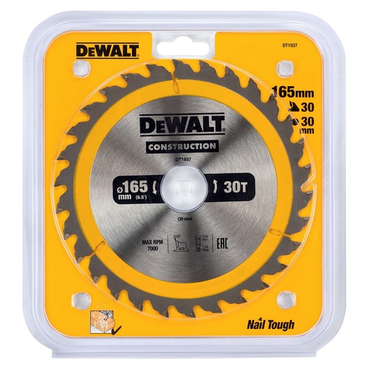 DEWALT DT1937 165mm circular saw blade for construction, packaged in yellow plastic case, 30 teeth.